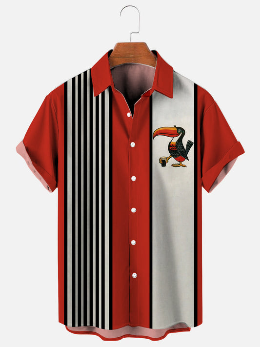 Men's Vintage Toucan Beer Stripe Print Bowling Shirt