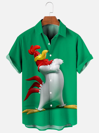 Men's Cartoon Chicken Print Hawaiian Short Sleeve Shirt