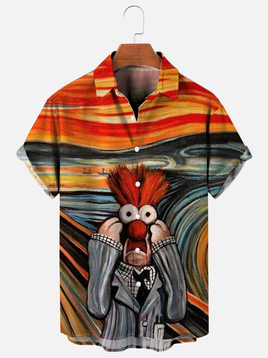 Men's Cartoon Character Screaming Graphic Print Hawaiian Short Sleeve Shirt