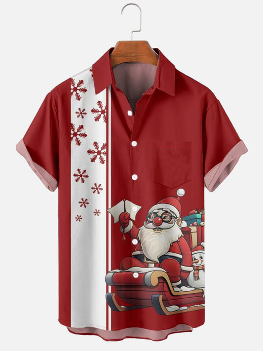 Men's Vintage Santa Sleigh Print Bowling Short Sleeve Shirt