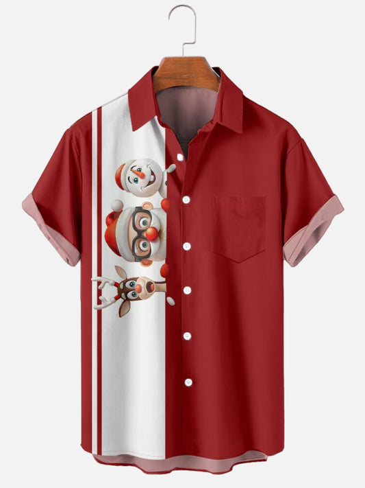 Men's Cartoon Santa Claus Snowman Elk Print Bowling Short Sleeve Shirt