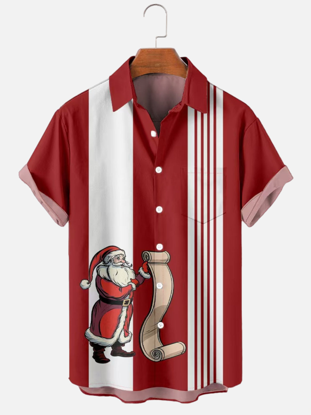 Men's Retro Santa Claus Holding Gift List Graphic Print Bowling Short Sleeve Shirt