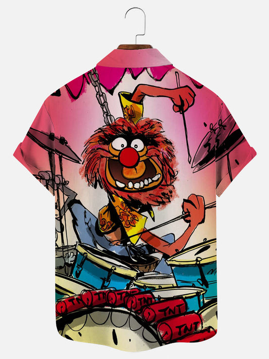 Men's Cartoon Animal Drummer Print Hawaiian Short Sleeve Shirt