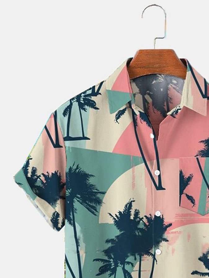 Mens Hawaiian Shirt Casual Short Sleeve Pink Statement Palm Tree Shirts & Tops