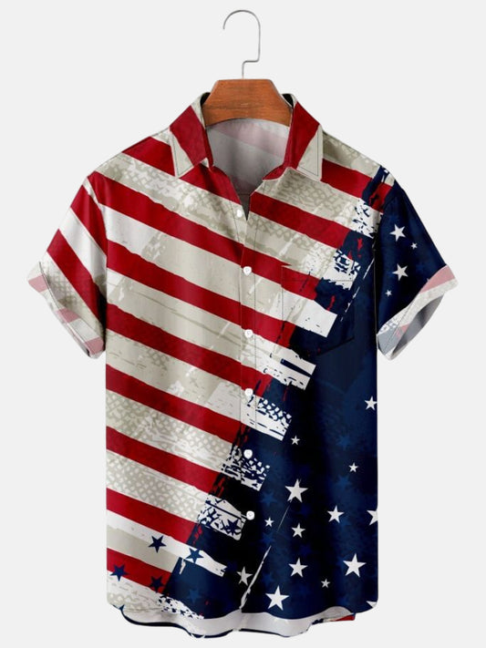 Men's Simple Casual American Flag Line Print Short Sleeve Shirt