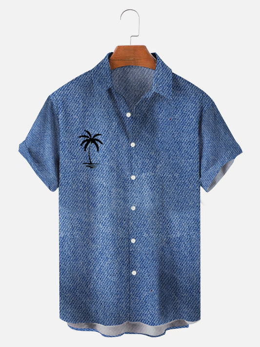 Hawaiian Blue Linen Denim Faux Coco Print Resort Shirt Oversized Hawaiian Shirt