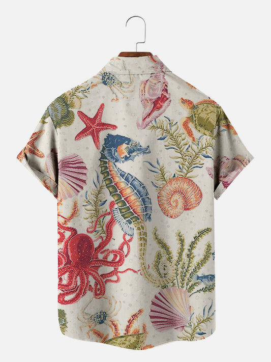 Men's Hawaiian Shirt Sea Life Seahorse Octopus Print Button Shirt