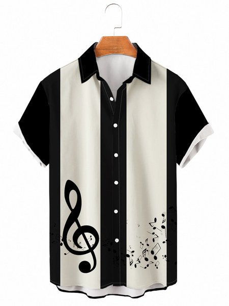 Mens Vintage Music Note Print Camp Bowling Shirts Casual Lapel Short Sleeve Top