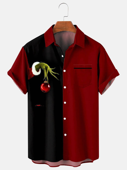 Men's Red Hand Holding Christmas Ball Pocket Shirt