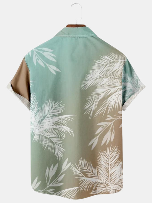 Men's Vacation Gradient Palm Leaf Hawaiian Seersucker Wrinkle Free Short Sleeve Shirt