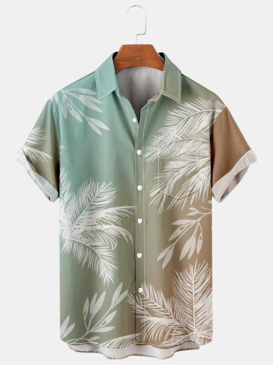 Men's Vacation Gradient Palm Leaf Hawaiian Seersucker Wrinkle Free Short Sleeve Shirt