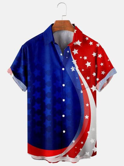 Men's Simple Casual American Flag Line Print Short Sleeve Shirt