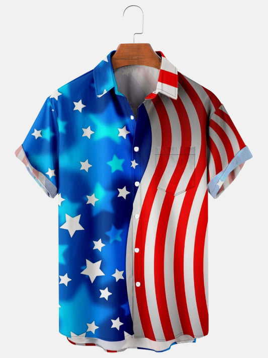 Men's Simple Casual American Flag Line Print Short Sleeve Shirt