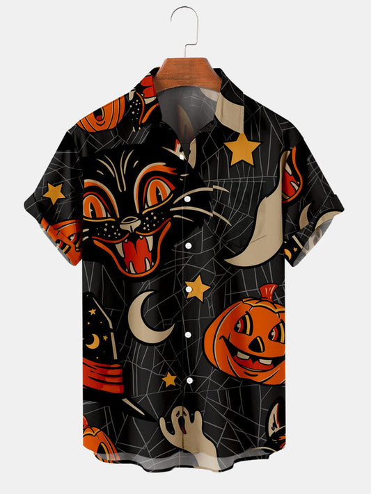 Men's Halloween Black Cat Pumpkin Print Casual Breathable Short Sleeve Shirt
