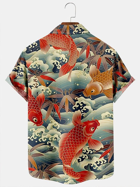 Men's Vintage Koi red Carp Fish Transfer Lucky Short Sleeve Hawaii Shirt