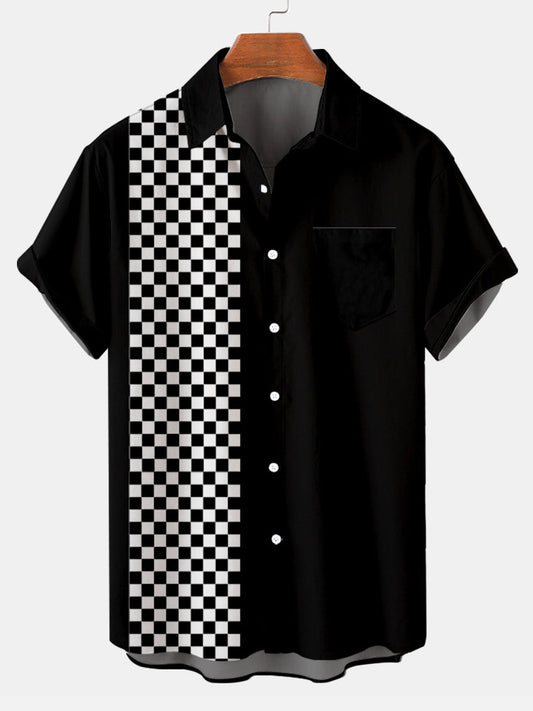 Men's Large Size Simple Casual Checkerboard Checkerboard Stitching Shirt With Pockets