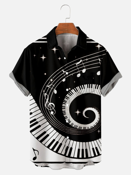 Mens Music Print Casual Breathable Short Sleeve Shirt