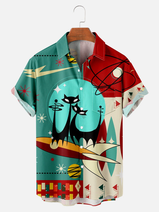 Men's Space Cat Print Casual Shirt