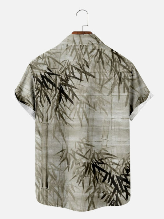 Bamboo Print Loose Short Sleeve Shirt Men's Top
