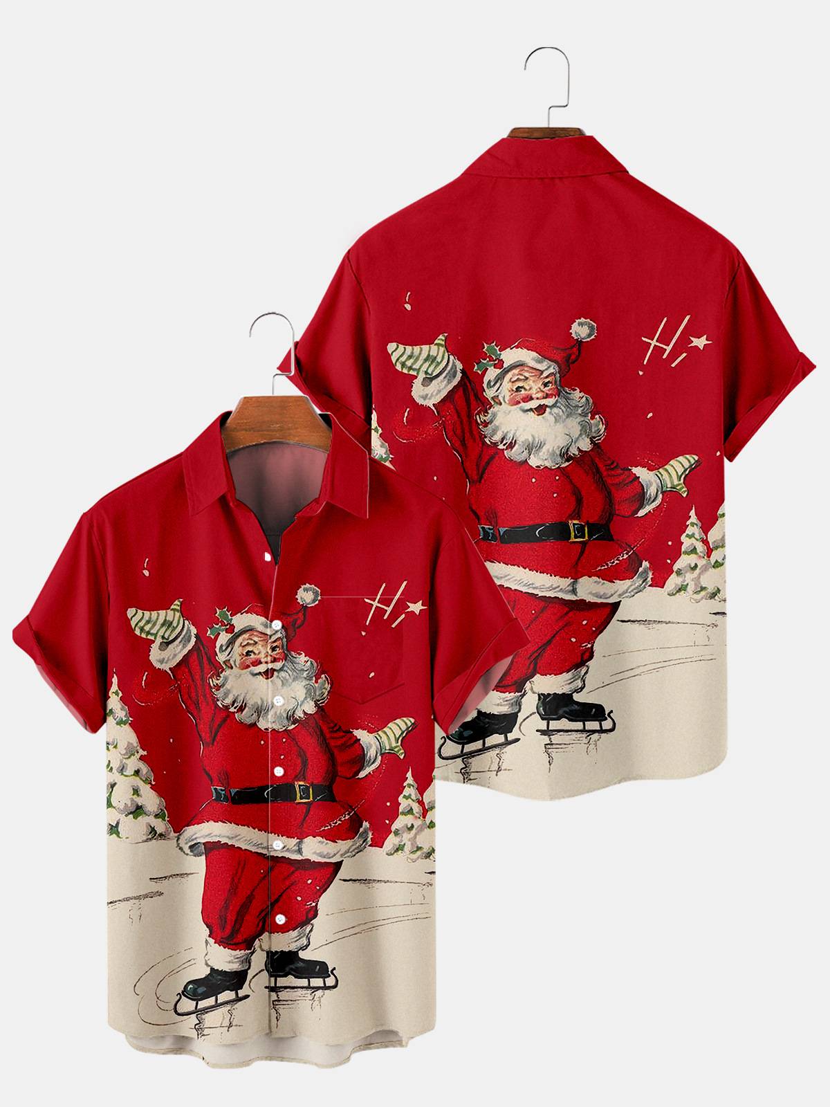 Men's Santa Print Casual Short Sleeve Shirt