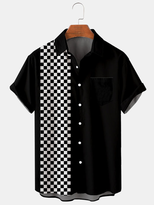 Men's Large Size Simple Casual Checkerboard Checkerboard Stitching Shirt With Pockets