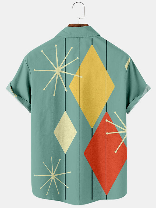 Geo Print Shirt Diamond Shape Collar Vintage Shorts Sleeve Shirt