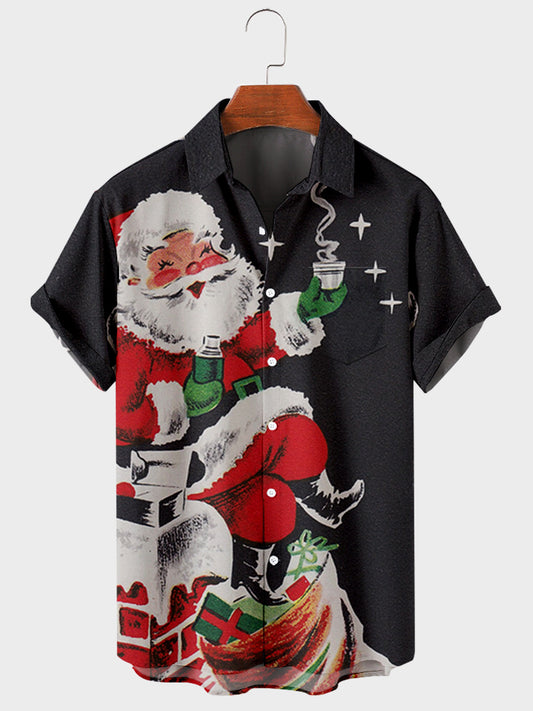 Men's Santa Print Casual Breathable Short Sleeve Shirt