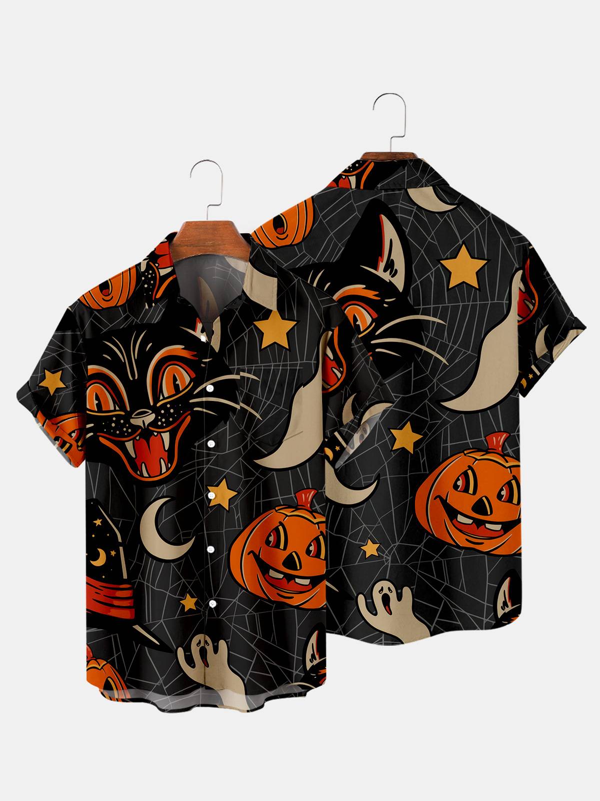 Men's Halloween Black Cat Pumpkin Print Casual Breathable Short Sleeve Shirt