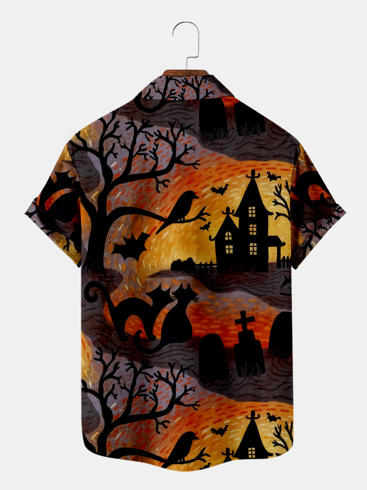 Men's Halloween Cat Print Casual Breathable Short Sleeve Shirt