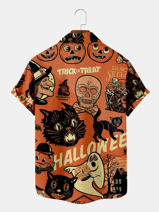 Men's Halloween Cat Print Casual Breathable Short Sleeve Shirt