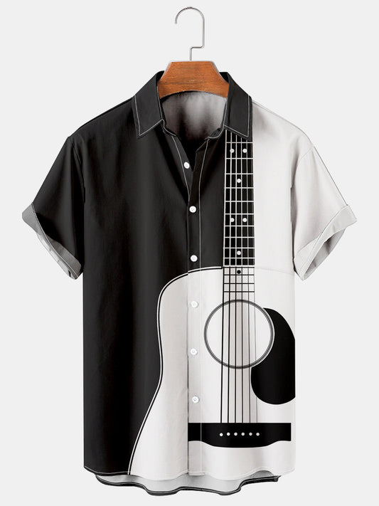 Mens Folk Pop Guitar Print Casual Breathable Chest Pocket Short Sleeve Hawaiian Shirts