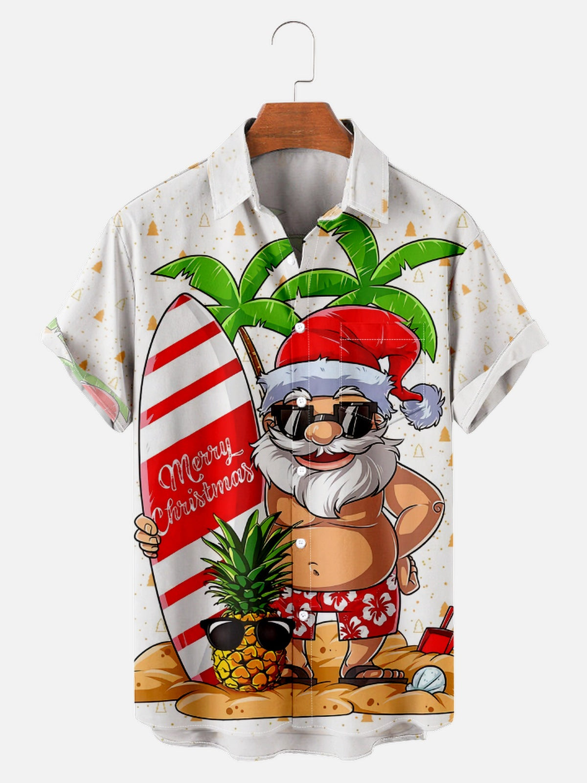 Mens Christmas Santa Surfing Print Front Buttons Soft Breathable Chest Pocket Casual Hawaiian Shirts