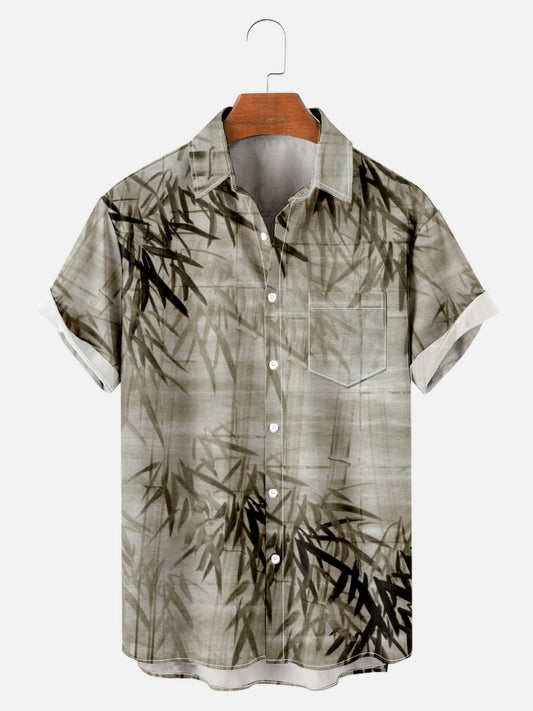 Bamboo Print Loose Short Sleeve Shirt Men's Top