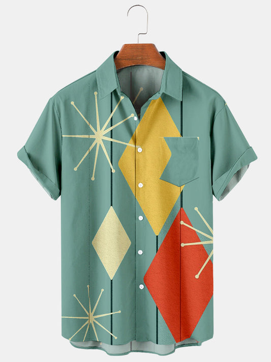 Geo Print Shirt Diamond Shape Collar Vintage Shorts Sleeve Shirt