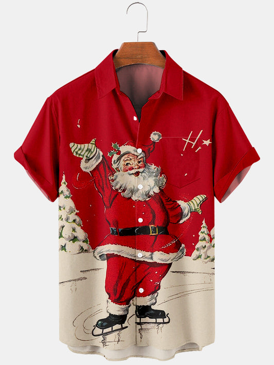 Men's Santa Print Casual Short Sleeve Shirt