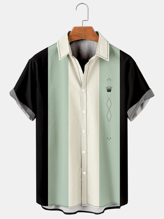 Mens Color-block Striped Casual Short Sleeve Bowling Shirts
