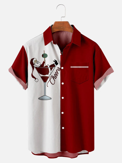 Men Cheers Santa Christmas Shirts Cocktail Vintage Xmas Short Sleeves