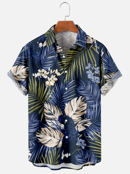 Leaf Print Loose Short Sleeve Shirt Men's Top