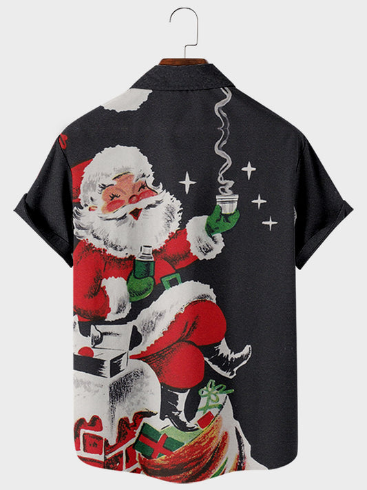 Men's Santa Print Casual Breathable Short Sleeve Shirt