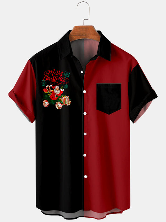 Men Christmas Santa Claus Lapel Contrast Color Collar Short Sleeve Casual Shirts