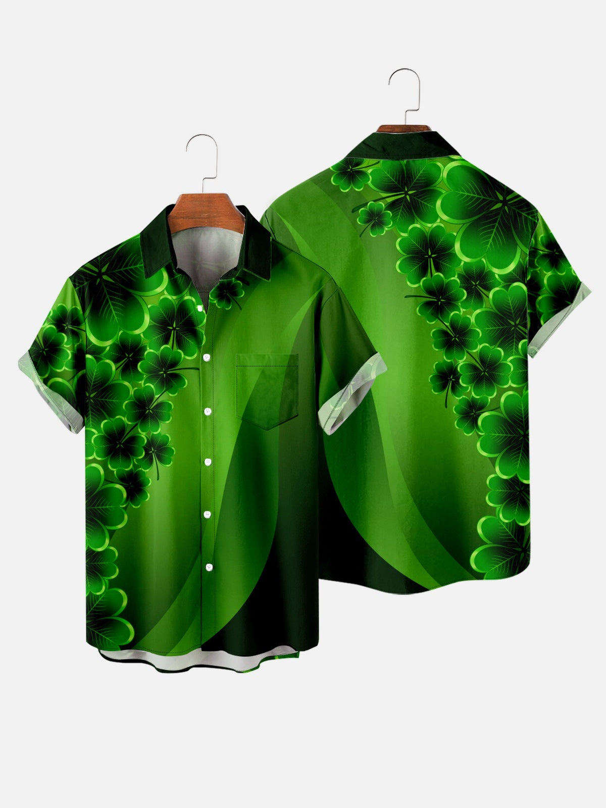 St. Patrick's Day Clover Print Casual Breathable Short Sleeve Hawaiian Shirt