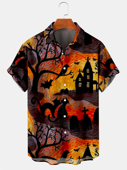 Men's Halloween Cat Print Casual Breathable Short Sleeve Shirt