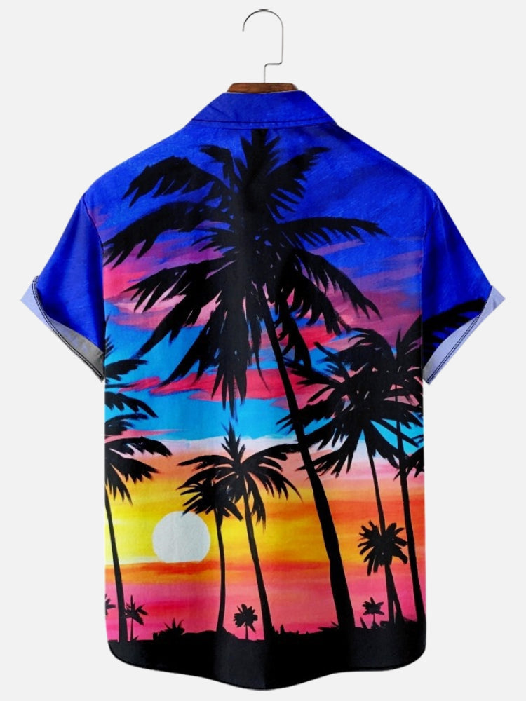 Mens Coconut Tree Sunset Print Casual Breathable Chest Pocket Short Sleeve Hawaiian Shirt