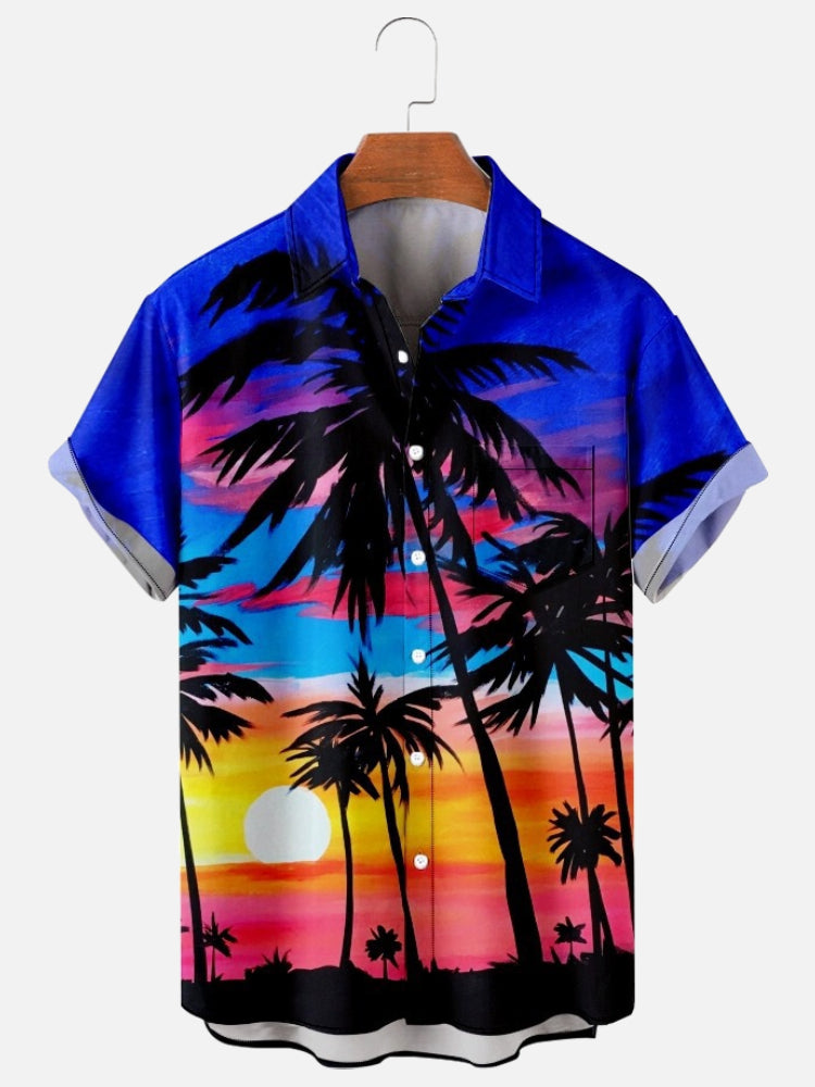 Mens Coconut Tree Sunset Print Casual Breathable Chest Pocket Short Sleeve Hawaiian Shirt