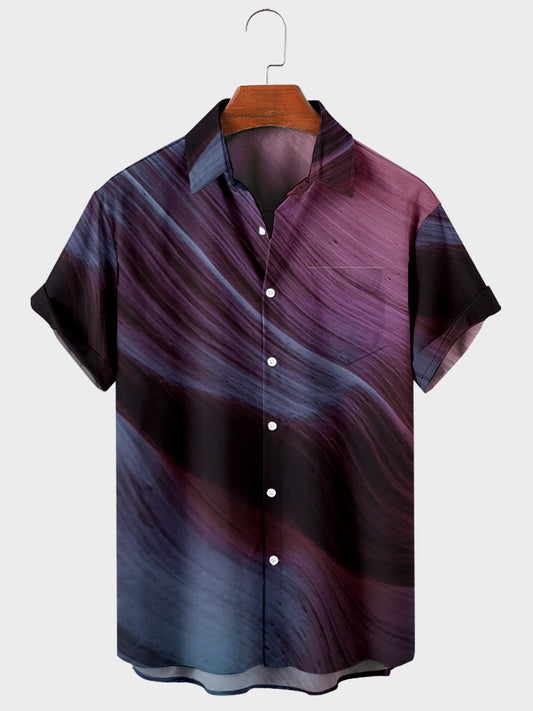 Men's Rock Wave Print Lapel Chest Pocket Short Sleeve Casual Shirt