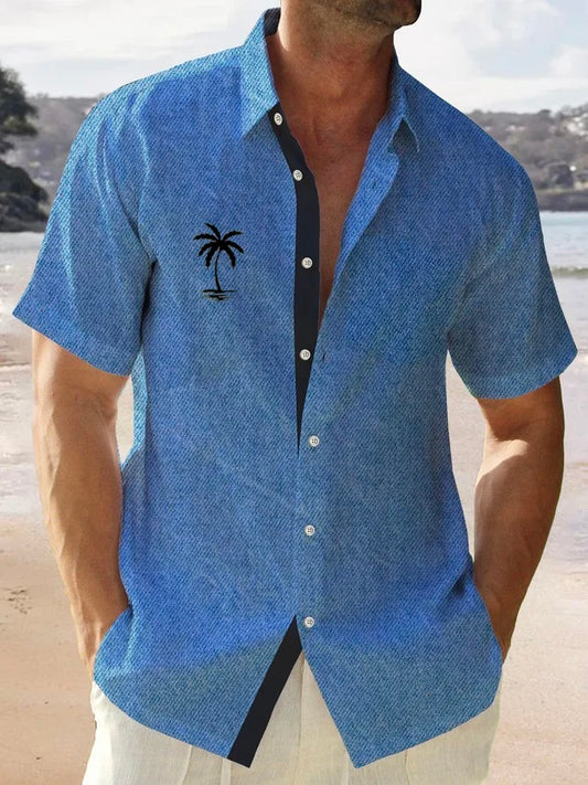 Hawaiian Blue Linen Denim Faux Coco Print Resort Shirt Oversized Hawaiian Shirt