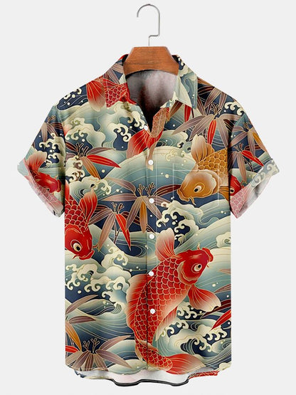 Men's Vintage Koi red Carp Fish Transfer Lucky Short Sleeve Hawaii Shirt