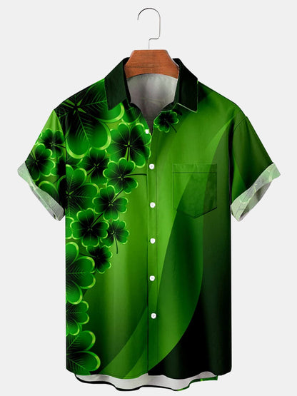 St. Patrick's Day Clover Print Casual Breathable Short Sleeve Hawaiian Shirt