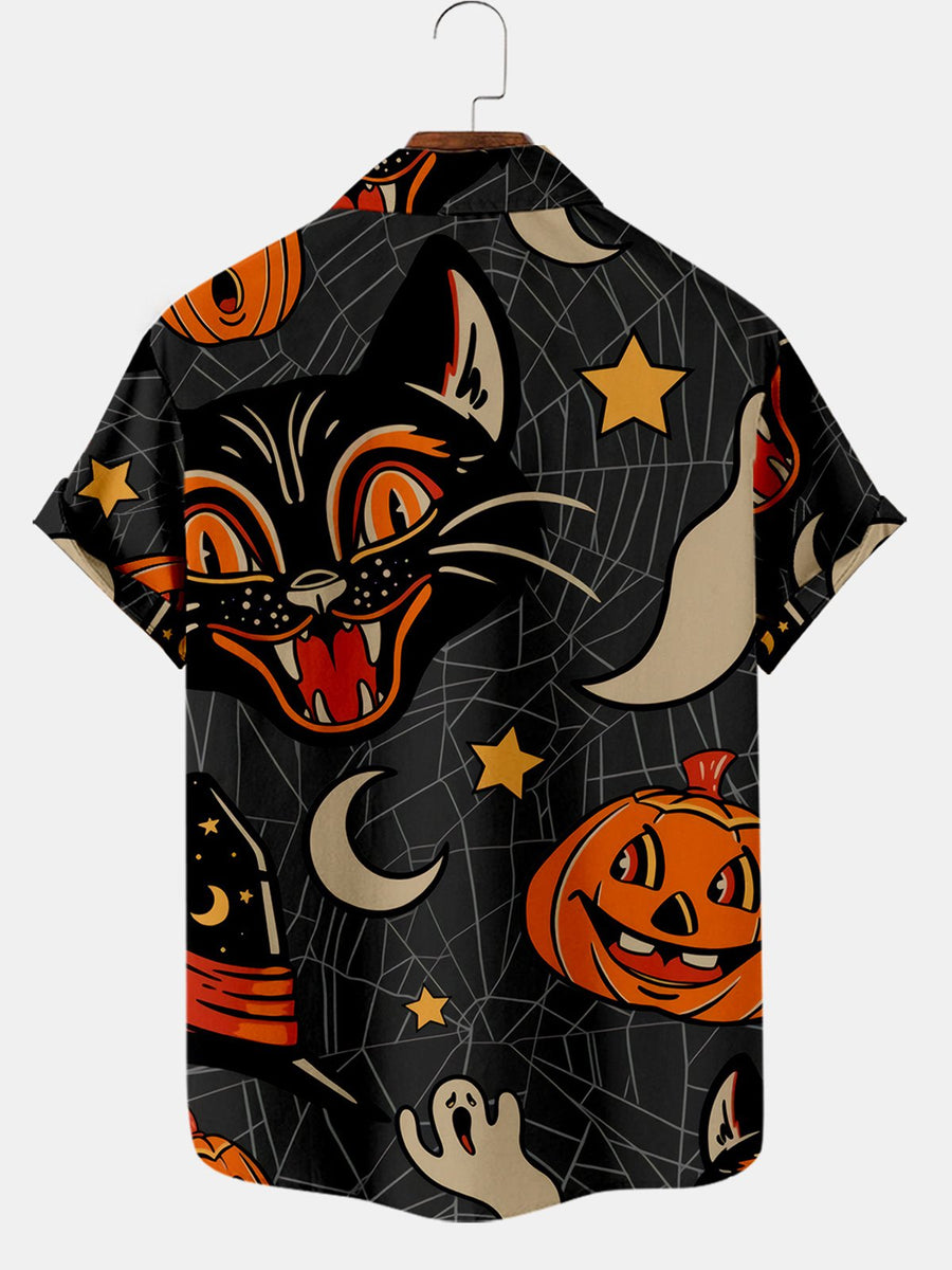 Men's Halloween Black Cat Pumpkin Print Casual Breathable Short Sleeve Shirt