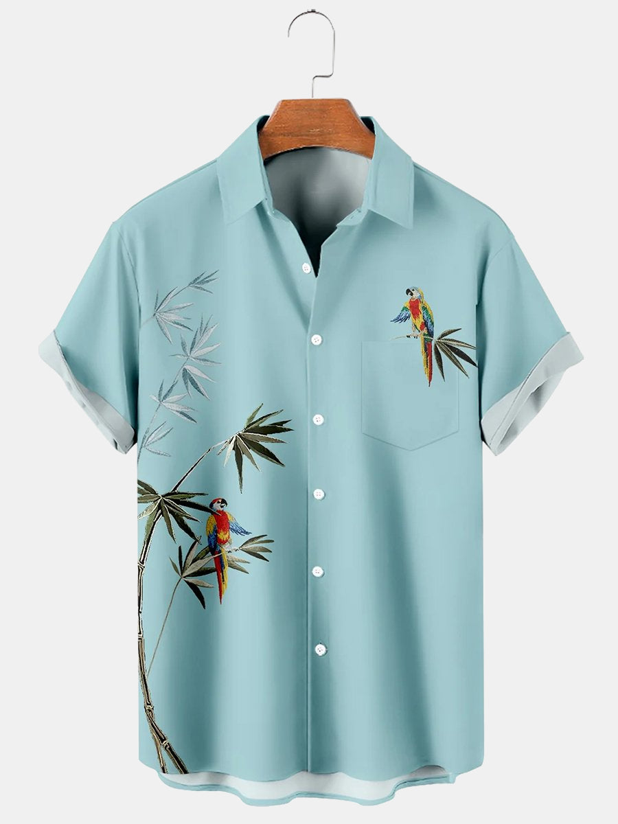 Men's Simple Hawaiian Bamboo and Parrot Print Short Sleeve Shirt